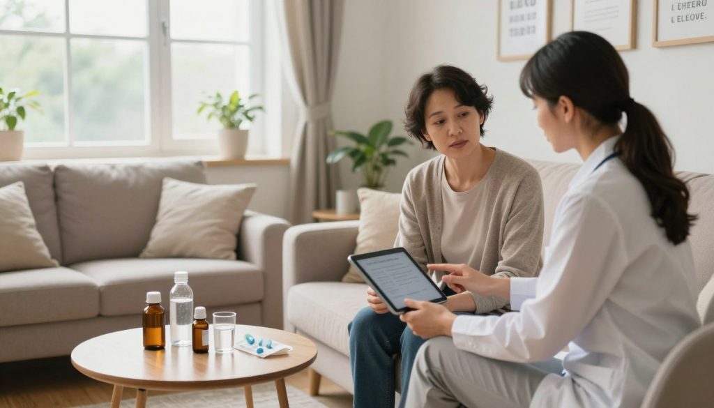 A cozy living room designed for recovery, focused on a tranquil atmosphere. In the foreground, a professional therapist dressed in smart casual attire is seated beside a patient on a comfortable sofa, demonstrating a medical treatment protocol with a tablet. The patient, also in modest casual clothing, appears engaged and attentive. In the middle, a table holds essential recovery items like medication bottles, water, and motivational quotes framed on the wall. The background features soft natural light streaming in through a large window, illuminating plants and supportive décor, creating a warm and inviting ambiance. The overall mood conveys hope and reassurance, emphasizing a supportive home environment for healing.