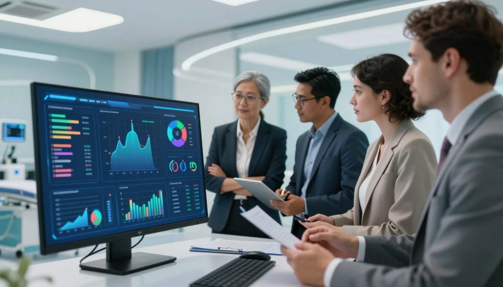 A futuristic healthcare analytics dashboard displayed prominently in the foreground, featuring colorful, interactive graphs and charts illustrating key performance metrics. In the middle, a diverse group of professionals in smart business attire are engaged in a discussion, analyzing the data on the screen. The background reveals a sleek, modern hospital environment, with digital screens and healthcare technology highlighting the focus on quality improvement. Soft, natural lighting creates a bright and optimistic atmosphere, while a slight depth of field blurs the background, emphasizing the dashboard and the professionals. The overall mood conveys collaboration and innovation in healthcare analytics, highlighting the importance of data-driven decisions for enhancing care quality.