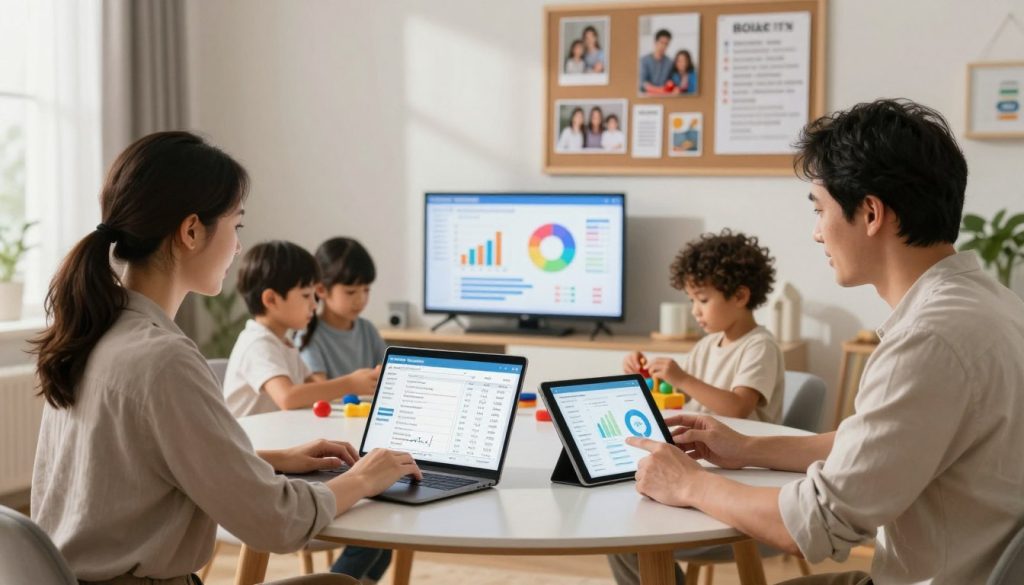 A modern family health management scene depicting a diverse family in a cozy home setting. In the foreground, a mother and father in casual, modest clothing are seated at a dining table, using a laptop and a tablet to track health records for their three children, who are engaged in the background playing with toys. The middle layer shows colorful charts and graphs displayed on the screens, symbolizing health data tracking, while a bulletin board on the wall contains family photos and health reminders. Soft, natural lighting filters through a nearby window, casting gentle shadows. The mood is focused yet warm, conveying a sense of collaboration and care in managing family health.