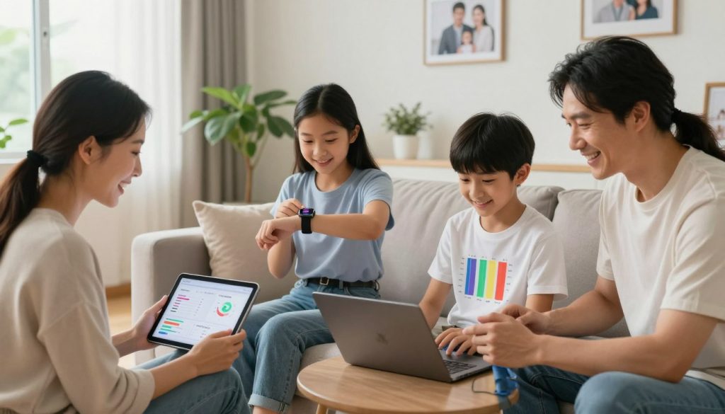 A modern family living room featuring a diverse family comfortably engaged in health tracking on digital devices. In the foreground, a mother and father, dressed in casual yet polished clothing, are reviewing health data on tablets, with an animated expression of satisfaction. In the middle, a teenage girl is seen checking her fitness app on a smartwatch, while a younger boy proudly displays a colorful chart of his daily activity on a laptop. The background shows a well-lit room with plants and family photos, creating a warm, inviting atmosphere. Soft, natural lighting filters through large windows, enhancing the feeling of ease and simplicity in daily health monitoring. The overall mood is one of positivity, family unity, and proactive health management.