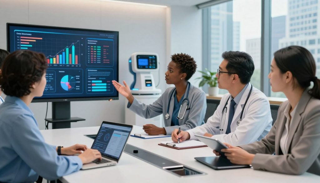 A modern healthcare analytics scene depicting a diverse group of healthcare professionals, dressed in professional business attire, gathered around a sleek, high-tech conference table. In the foreground, a large digital screen displays colorful graphs and charts representing care delivery metrics and improvement opportunities. The professionals, including a Black woman gesturing towards the screen, a Hispanic man taking notes, and an Asian woman analyzing data on a tablet, are engaged in a strategic discussion. In the middle ground, futuristic medical devices and data panels subtly blend into the setting, while in the background, a bright, airy office with large windows shows city skyscrapers, symbolizing a forward-thinking, evidence-based approach to healthcare. The mood is collaborative and focused, with soft, warm lighting enhancing the atmosphere of innovation and professionalism.