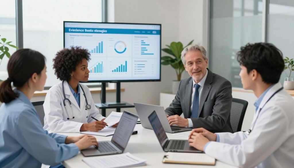 A modern healthcare office scene focusing on a team of diverse healthcare professionals, including a Black woman and a Caucasian man, both in professional business attire, collaborating around a table with charts and digital screens displaying health data. The foreground features an attractive, well-organized workspace with laptops and notepads. The middle ground includes a large digital display showing evidence-based strategies, with graphs and infographics. The background highlights a soothing, light-filled room with large windows and plants, creating a professional yet inviting atmosphere. Soft, natural lighting enhances the clarity of the scene, evoking a sense of innovation and teamwork, with a slightly elevated viewing angle to capture the energy and focus of the group.