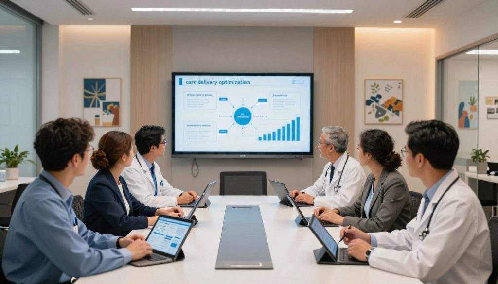 A modern healthcare workspace illustrating the concept of "care delivery optimization". In the foreground, a diverse group of healthcare professionals, dressed in professional business attire, collaborate around a sleek conference table with digital tablets and charts showcasing data analytics. The middle features a large digital screen displaying process improvement strategies and graphs, symbolizing evidence-based practices. In the background, walls lined with inspirational health-related artwork create an atmosphere of innovation and motivation. Soft, warm lighting fills the room, enhancing a sense of teamwork and positivity. The angle captures a wide view, revealing an open layout that fosters collaboration, emphasizing the importance of communication in optimizing care delivery.