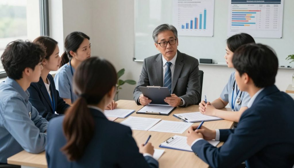 A professional caregiver evaluation scene in an office setting. In the foreground, a diverse group of caregivers, dressed in professional business attire, are engaged in discussion around a large table cluttered with evaluation forms and pens. The middle ground features a professional-looking evaluator, a middle-aged man in glasses, observing notes on a clipboard with a focused expression. In the background, a whiteboard displays charts and performance metrics. Soft, natural lighting from a nearby window casts a warm glow over the scene, enhancing a mood of professionalism and focus. The angle captures an overview of the collaborative atmosphere, emphasizing teamwork and dedication to performance improvement.