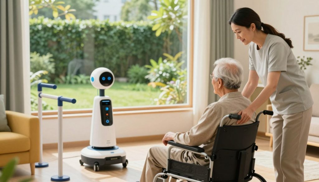 A serene and innovative living space designed for seniors, featuring vibrant colors and natural light illuminating the room. In the foreground, a professional caregiver in modest casual clothing assists a senior individual sitting comfortably in a modern, ergonomic chair. The middle section shows adaptive tools such as grab bars, a personal assistive robot, and health monitoring devices, highlighting revolutionary aging in place strategies. The background includes a lush garden visible through large windows, symbolizing connection to nature. Soft, warm lighting enhances the tranquil atmosphere, with a focus on creating a sense of independence and comfort for seniors. The composition captures a future-forward approach to senior care, emphasizing empowerment and modern caregiving solutions.