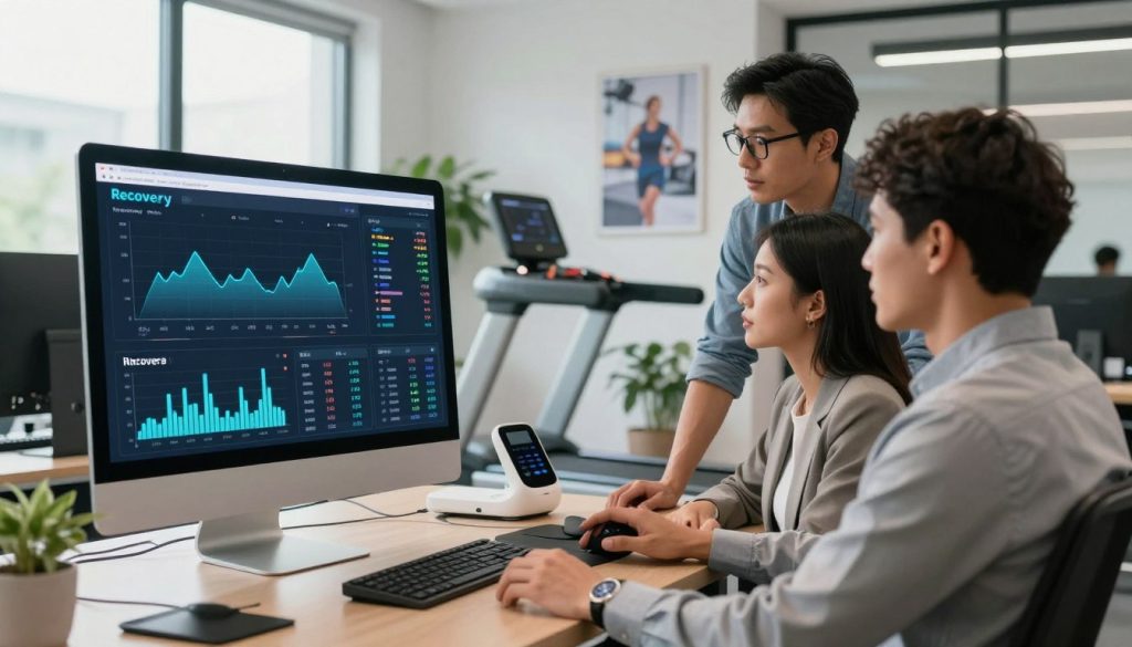 A sleek, modern workspace featuring a large computer screen displaying sophisticated recovery monitoring software interface with graphs, charts, and health metrics. In the foreground, a diverse group of three professionals dressed in smart casual attire are discussing and analyzing the data collaboratively, showing engagement and concentration. The middle ground includes a high-tech treadmill and smart devices, showcasing the integration of technology in recovery processes. The background is a well-lit ergonomic office with motivational health posters and plants, creating a calm and productive atmosphere. Natural light filters through large windows, enhancing the clarity of the screen. Add a subtle depth of field for an immersive effect, emphasizing the interaction around the technology in a moment of innovation and teamwork.