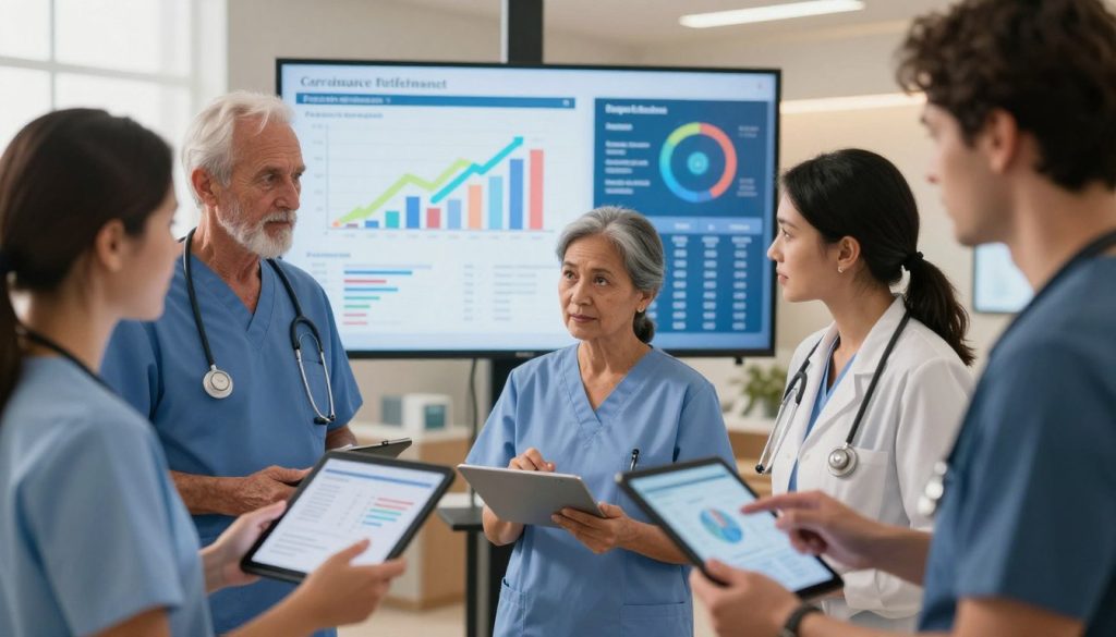 A visually engaging representation of caregiver performance metrics. In the foreground, a diverse group of caregivers in professional attire, such as smart scrubs and business casual clothing, discuss performance charts displayed on tablets. In the middle ground, a large digital screen showcases colorful graphs and key performance indicators like patient satisfaction and response times. The background features a well-lit healthcare setting with soft, warm lighting, conveying a sense of professionalism and trust. The atmosphere should be collaborative and focused, highlighting the importance of metrics in enhancing caregiving quality. The angle should be slightly elevated, capturing both the caregivers and the digital displays effectively in a harmonious composition.