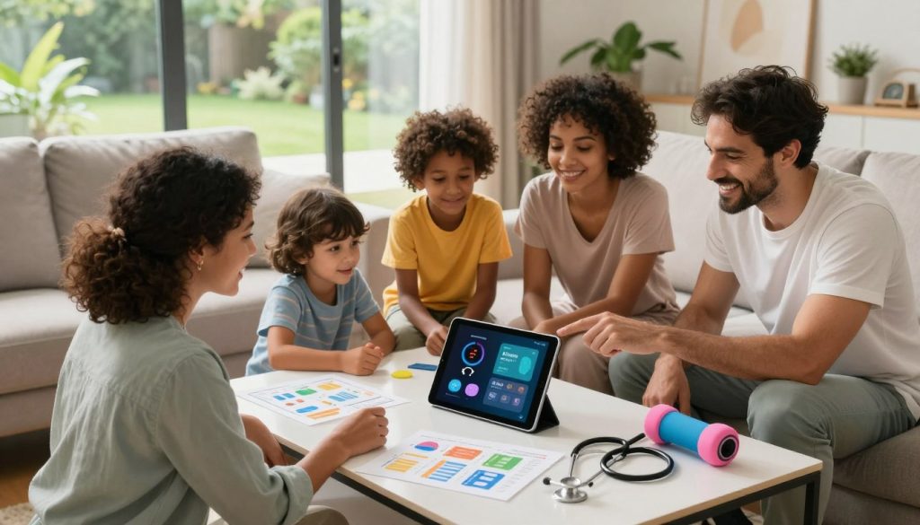A warm, inviting family health monitoring scene set in a modern living room. In the foreground, a diverse family of four—parents in smart casual clothing, and two children in playful attire—interact with a sleek digital health tracker on a tablet. The middle ground features the family gathered around a coffee table, filled with colorful health-related charts, a stethoscope, and fitness gadgets. In the background, a well-lit window opens to a sunny garden, symbolizing a healthy lifestyle. Soft, natural lighting enhances the atmosphere, creating a sense of comfort and safety. The image should convey connection, care, and the importance of proactive health tracking within families. Shot from a slightly elevated angle to capture the engaging dynamics and details of the scene.