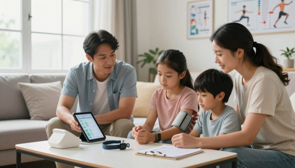 A warm, inviting living room scene showcasing a family engaged in health tracking activities. In the foreground, a diverse family of four (a father, mother, teenage daughter, and young son) are gathered around a modern coffee table filled with health tracking devices like a blood pressure monitor, a fitness watch, and a digital tablet displaying health data. In the middle ground, large windows let in soft, natural light, creating a bright atmosphere. Wall-mounted charts and images of active lifestyles decorate the background. The family members wear comfortable, modest clothing, radiating a sense of unity and care. The mood is relaxed yet focused, emphasizing the importance of family health management in a caring environment.